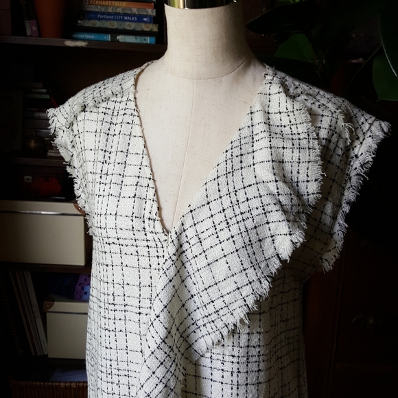 Zara Tweed Asymmetric Ruffle Dress V Neck Pockets - Picture 8 of 9